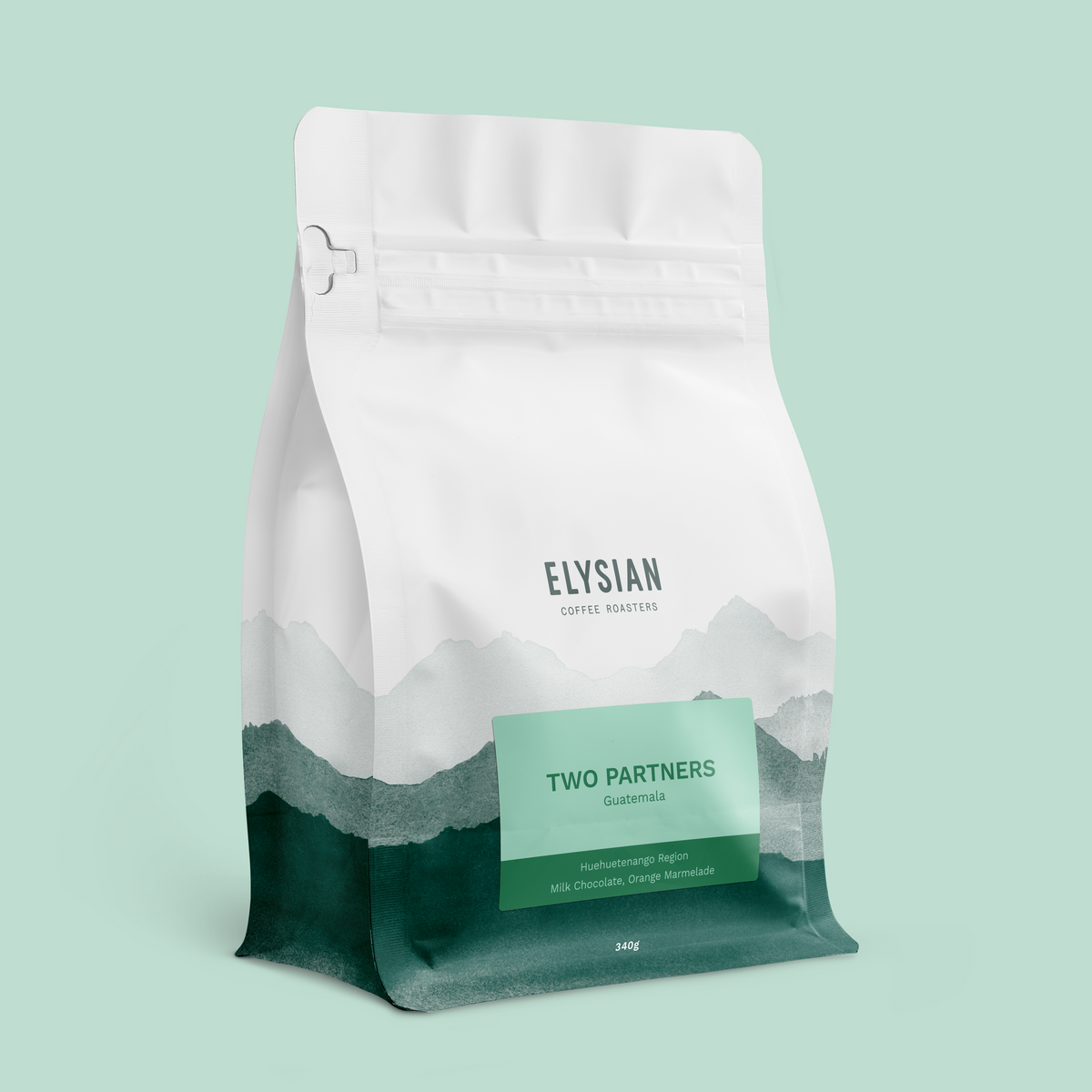 Two Partners filter coffee bag from Guatemala, white with painted green mountains, on a mint background