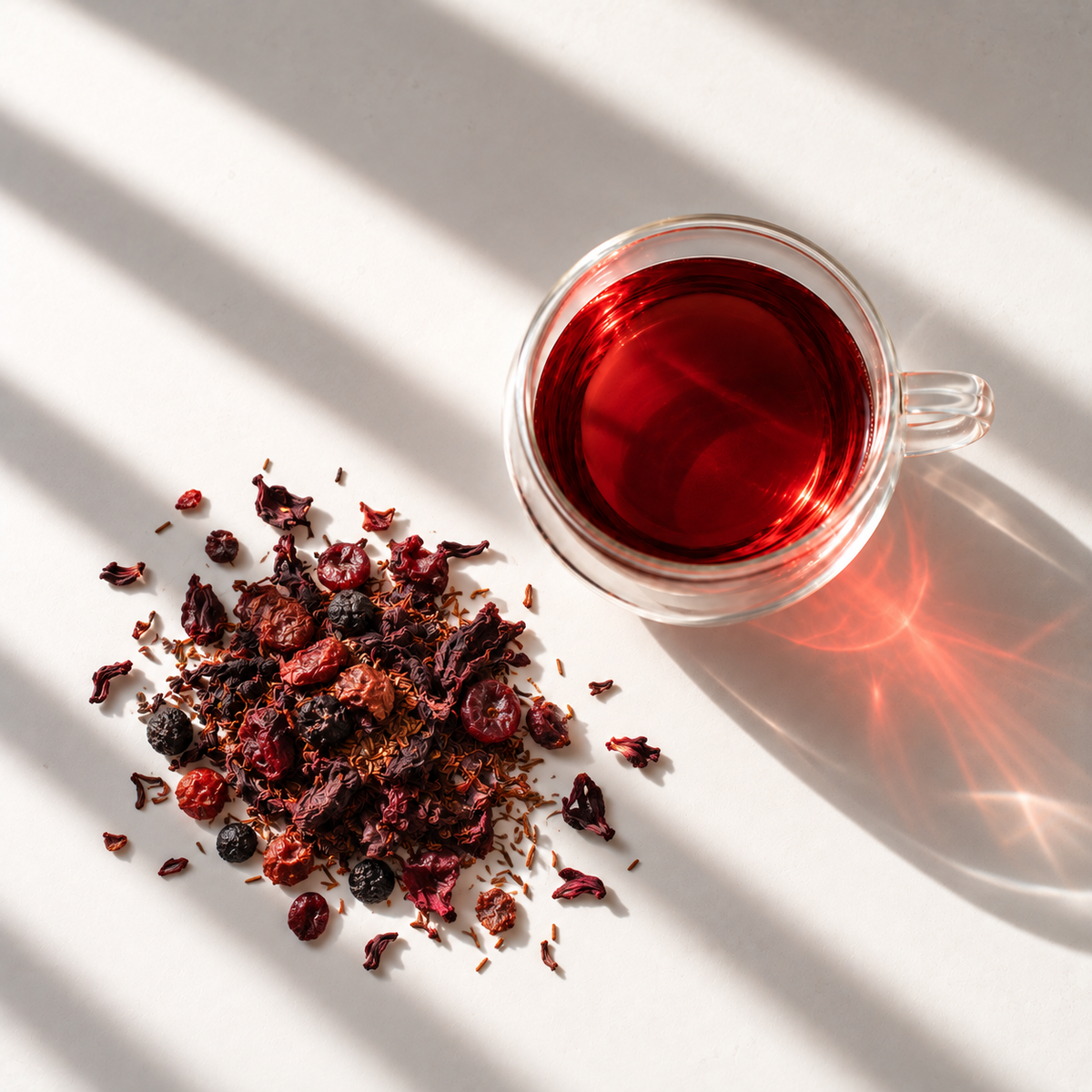 Crimson Berry: loose leaf and a glass cup of brewed tea