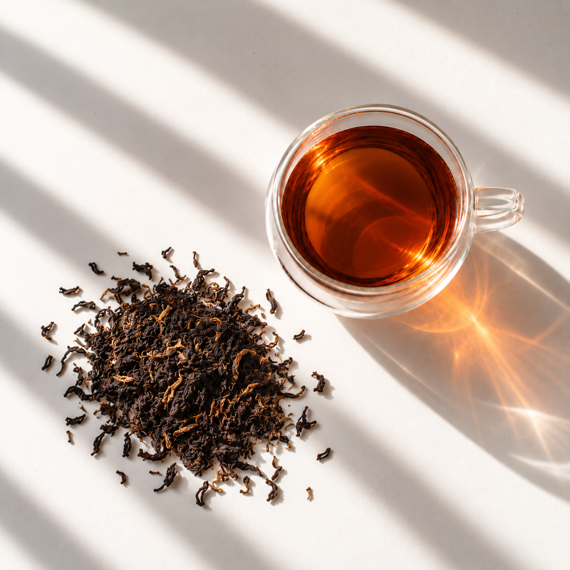 Earl Grey: loose leaf and a glass cup of brewed tea
