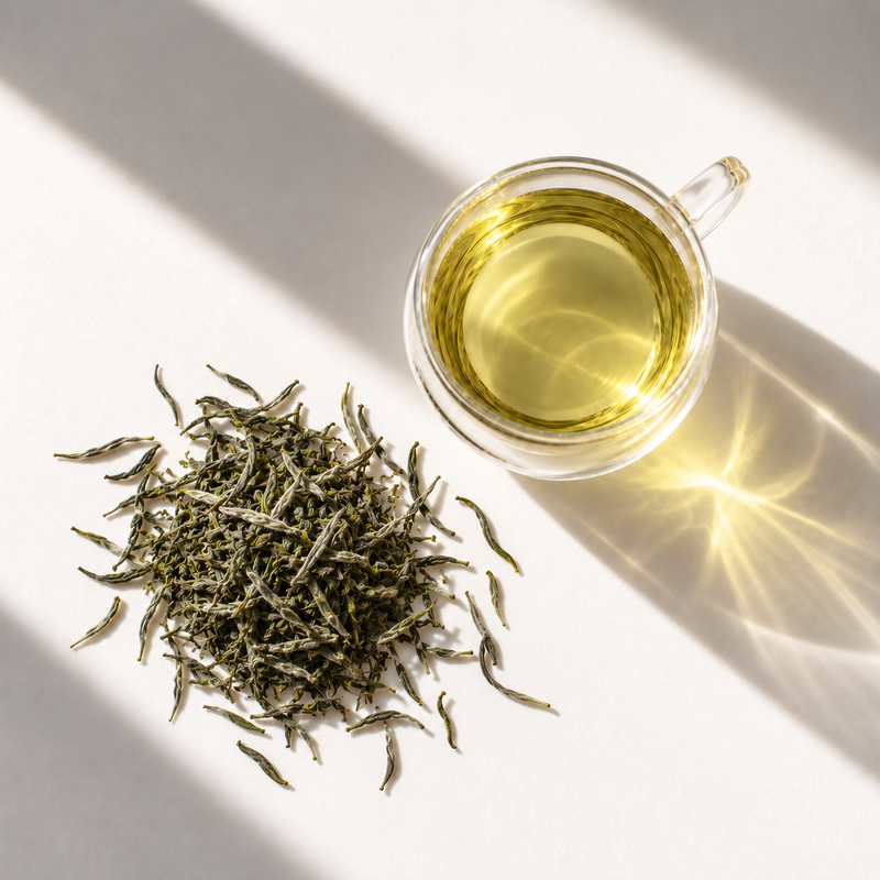 Mao Jian Green: loose leaf and a glass cup of brewed tea