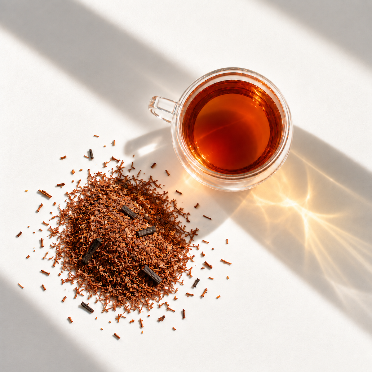 Vanilla Rooibos: loose leaf and a glass cup of brewed tea